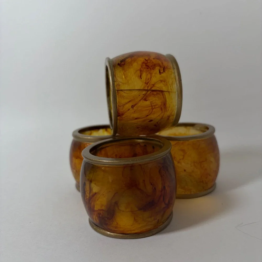 Amber Resin Napkin Rings Set of 4 Faux Tortoiseshell Gold Trim Barrel